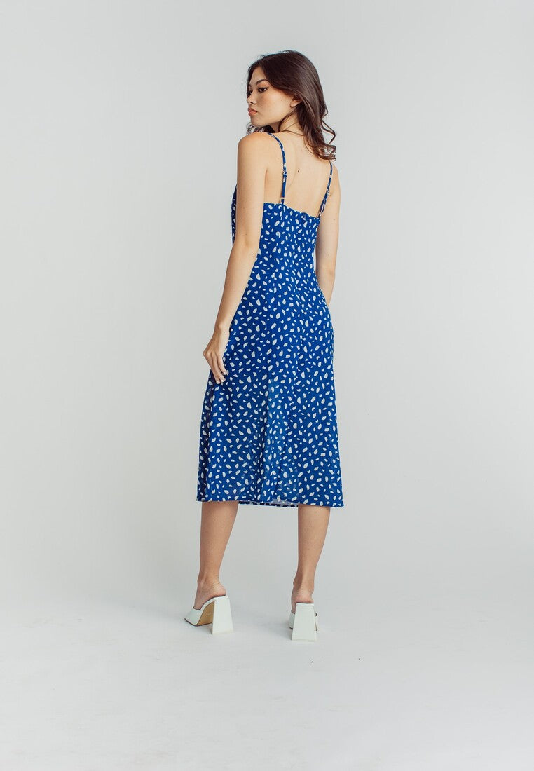 Vanessa Blue White Pattern Print V Neck Sleeveless Side Slit Midi Dress