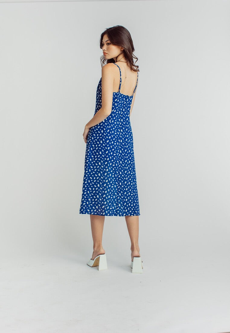 Vanessa Blue White Pattern Print V Neck Sleeveless Side Slit Midi Dress