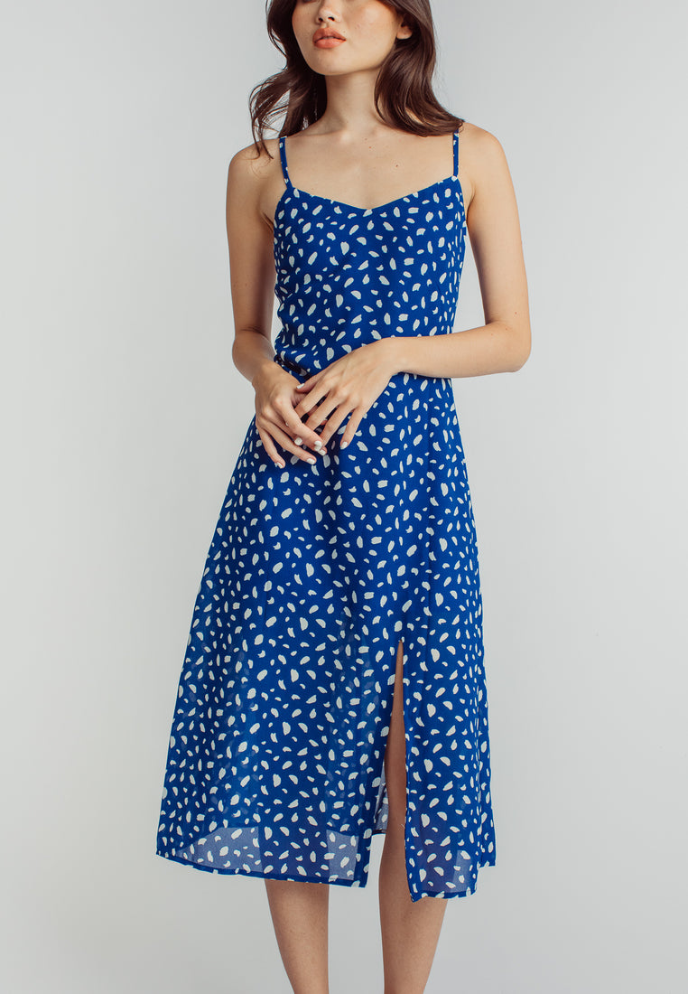 Vanessa Blue White Pattern Print V Neck Sleeveless Side Slit Midi Dress