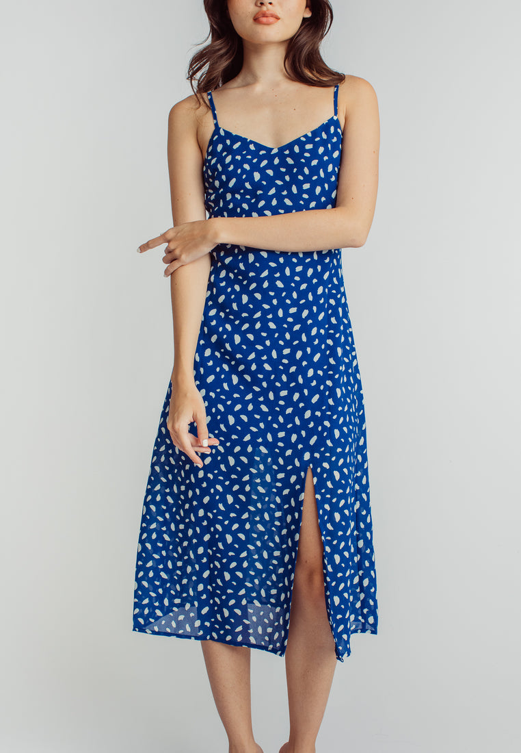 Vanessa Blue White Pattern Print V Neck Sleeveless Side Slit Midi Dress