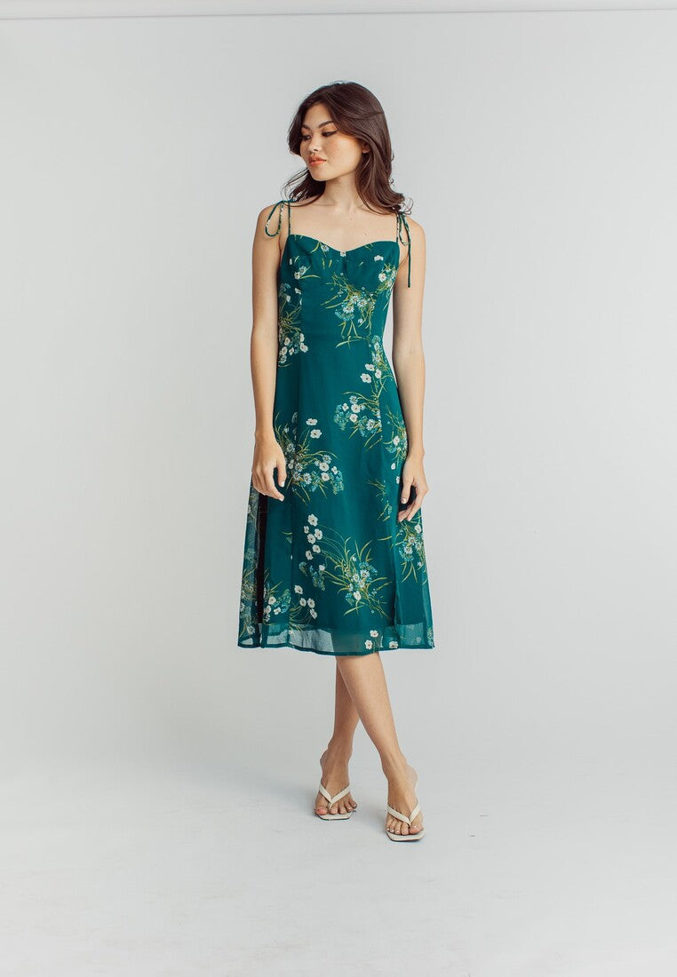 Cony Green Floral Sleeveless Self Tie Side Slit Midi Dress