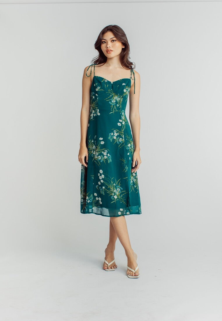 Cony Green Floral Sleeveless Self Tie Side Slit Midi Dress