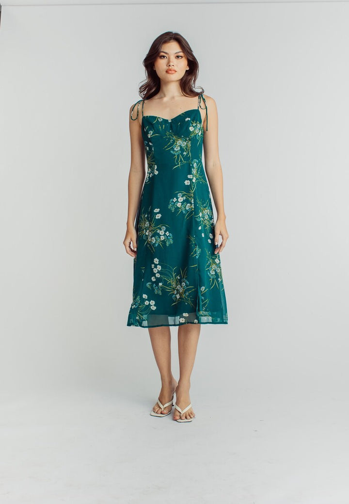 Cony Green Floral Sleeveless Self Tie Side Slit Midi Dress
