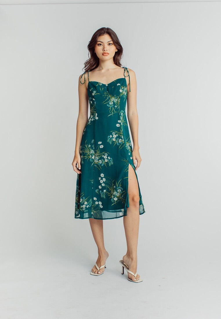 Cony Green Floral Sleeveless Self Tie Side Slit Midi Dress