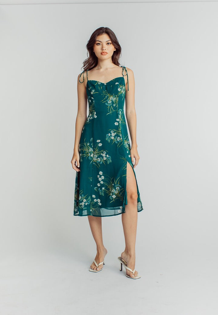 Cony Green Floral Sleeveless Self Tie Side Slit Midi Dress