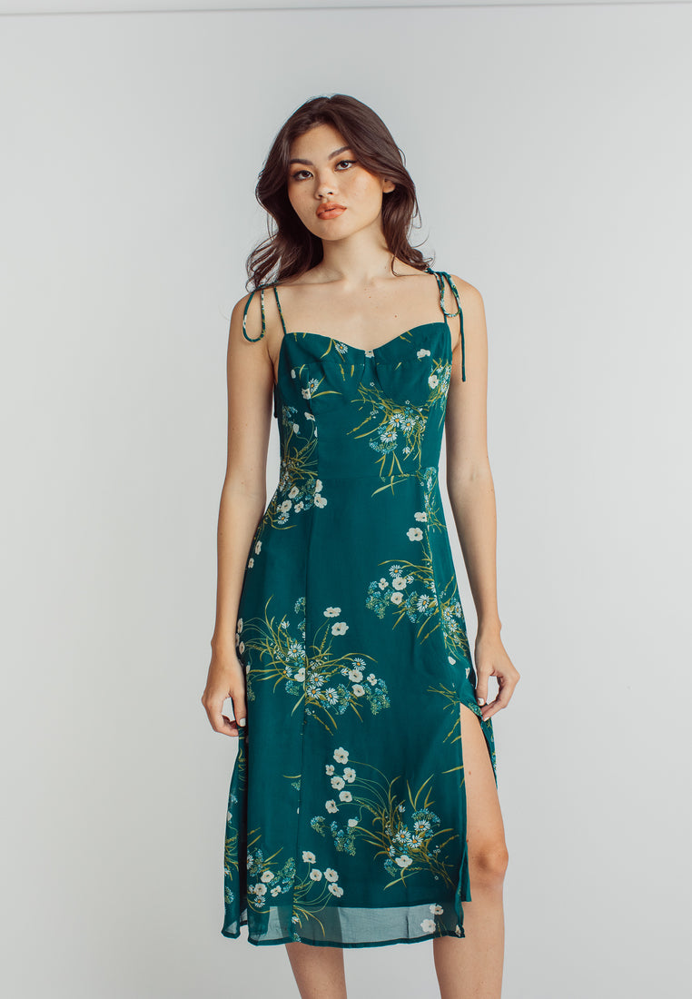 Cony Green Floral Sleeveless Self Tie Side Slit Midi Dress