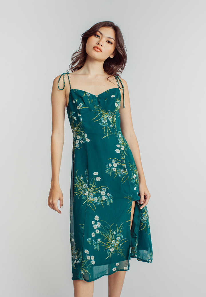 Cony Green Floral Sleeveless Self Tie Side Slit Midi Dress