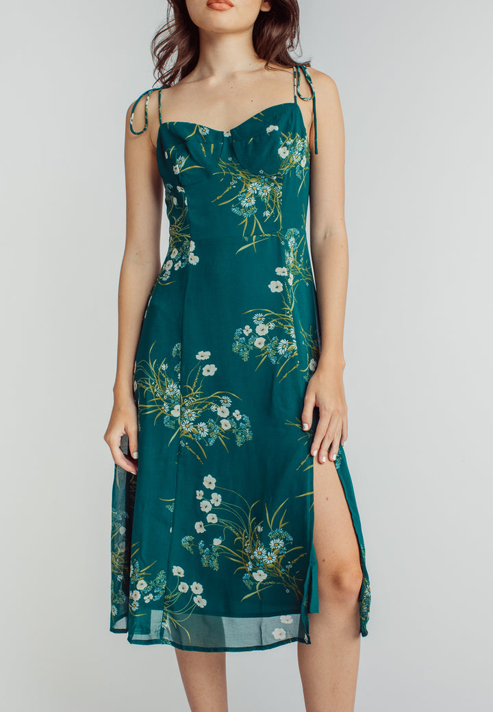 Cony Green Floral Sleeveless Self Tie Side Slit Midi Dress