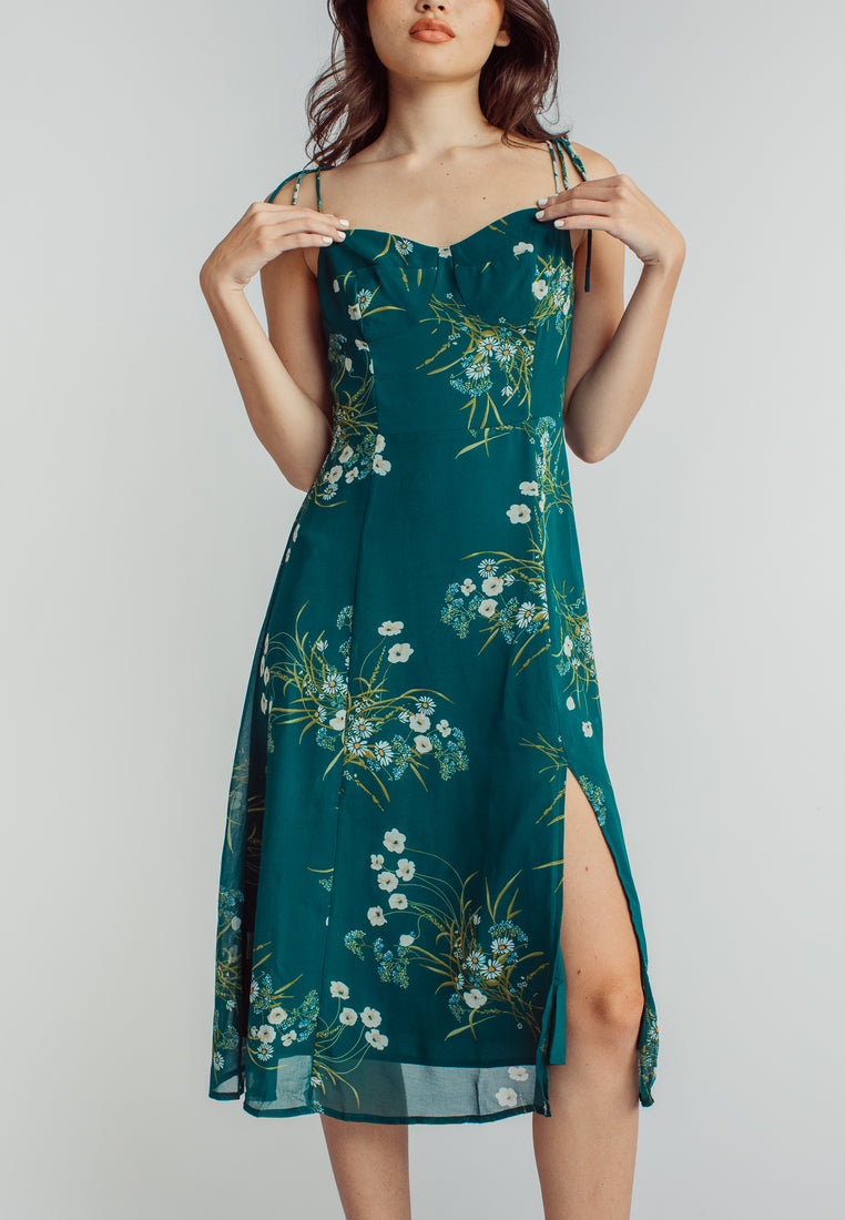 Cony Green Floral Sleeveless Self Tie Side Slit Midi Dress
