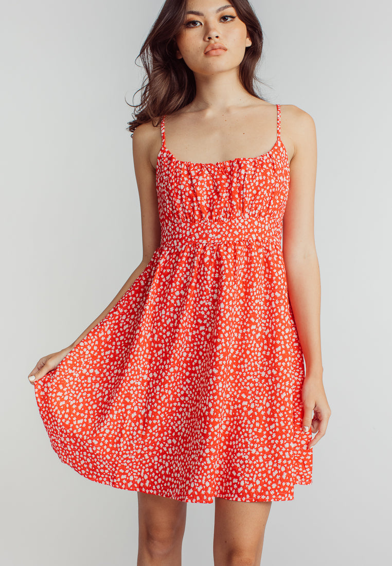 Zaina Red Floral Print Sleeveless Dainty Mini Dress
