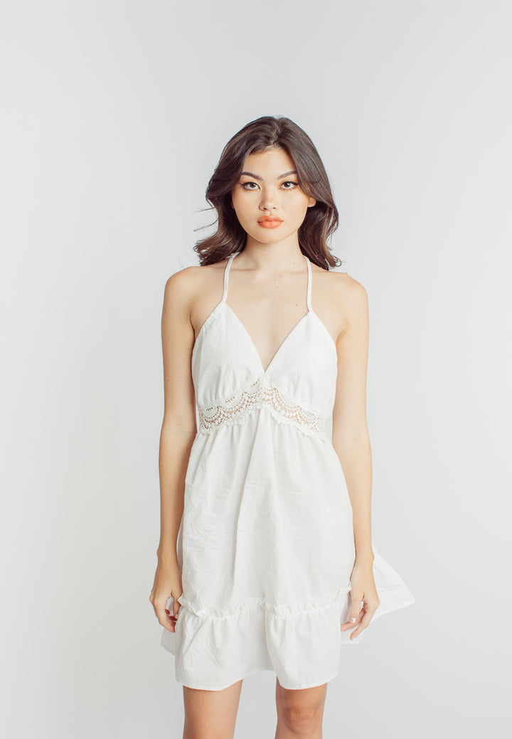 Maja White Lace Halter V Neck Sleeveless Open Back Ruffle Hem Mini Dress