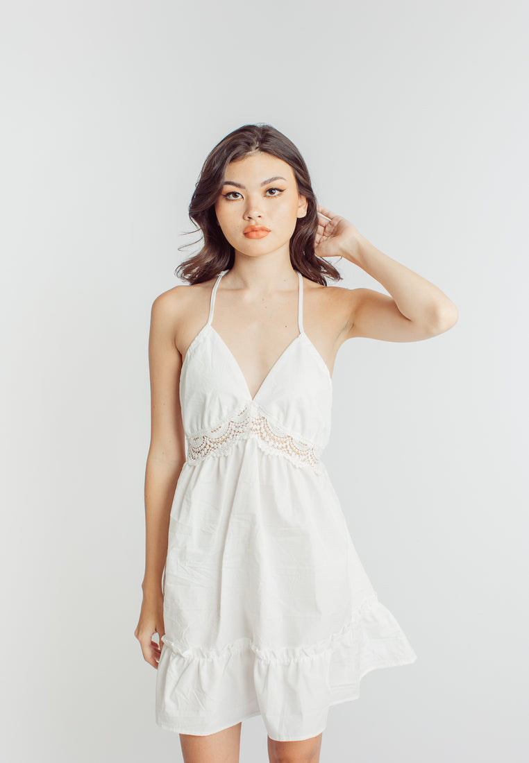 Maja White Lace Halter V Neck Sleeveless Open Back Ruffle Hem Mini Dress