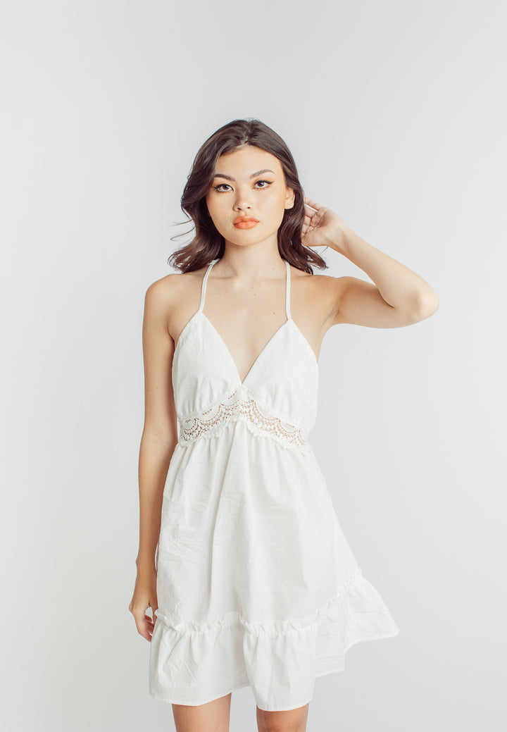 Maja White Lace Halter V Neck Sleeveless Open Back Ruffle Hem Mini Dress