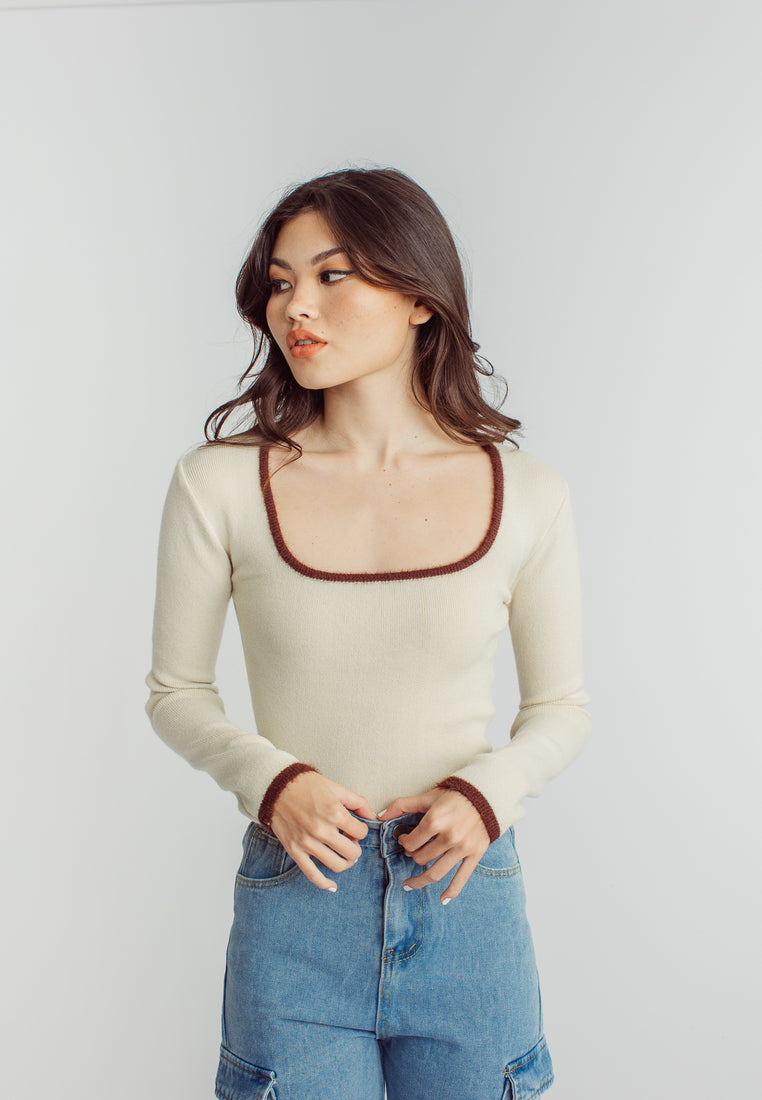 Chisa Beige Knitted Square Neck Brown Lining Long Sleeves Top