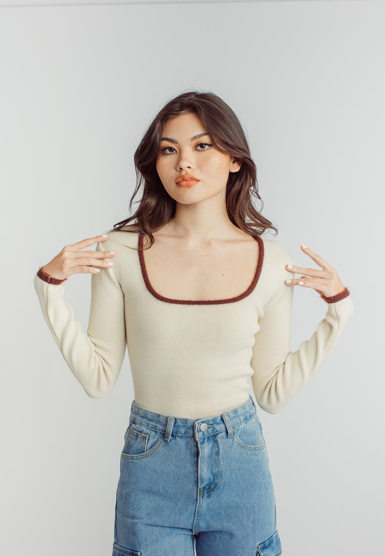 Chisa Beige Knitted Square Neck Brown Lining Long Sleeves Top