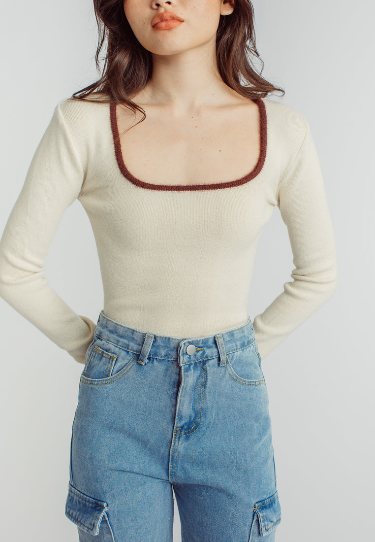 Chisa Beige Knitted Square Neck Brown Lining Long Sleeves Top
