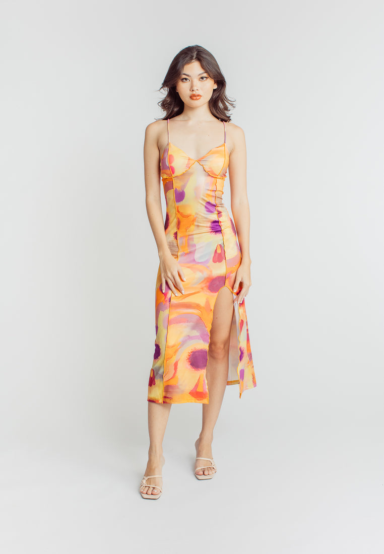 (PRE-ORDER: ETA February 25) Carlton Multicolor Abstract Print V Neck Sleeveless Side Slit Summer Midi Dress