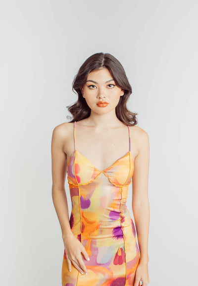 (PRE-ORDER: ETA February 25) Carlton Multicolor Abstract Print V Neck Sleeveless Side Slit Summer Midi Dress