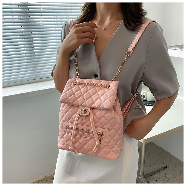 Pink Quilted Backpack with Chain
