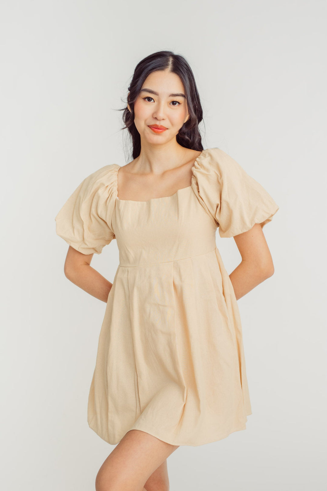 Debby Beige Square Neck Lantern Sleeves Smocked Back Mini Dress