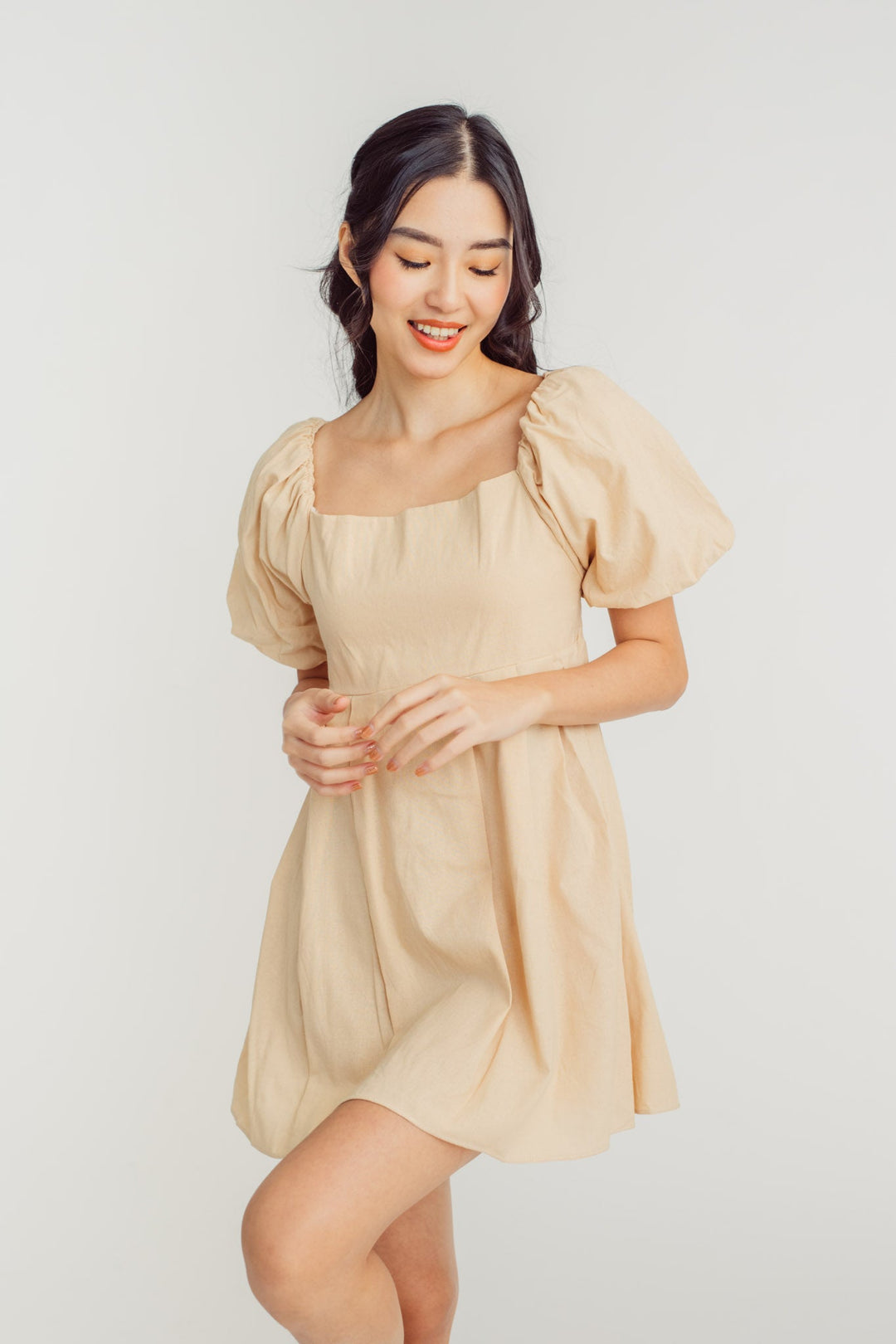 Debby Beige Square Neck Lantern Sleeves Smocked Back Mini Dress