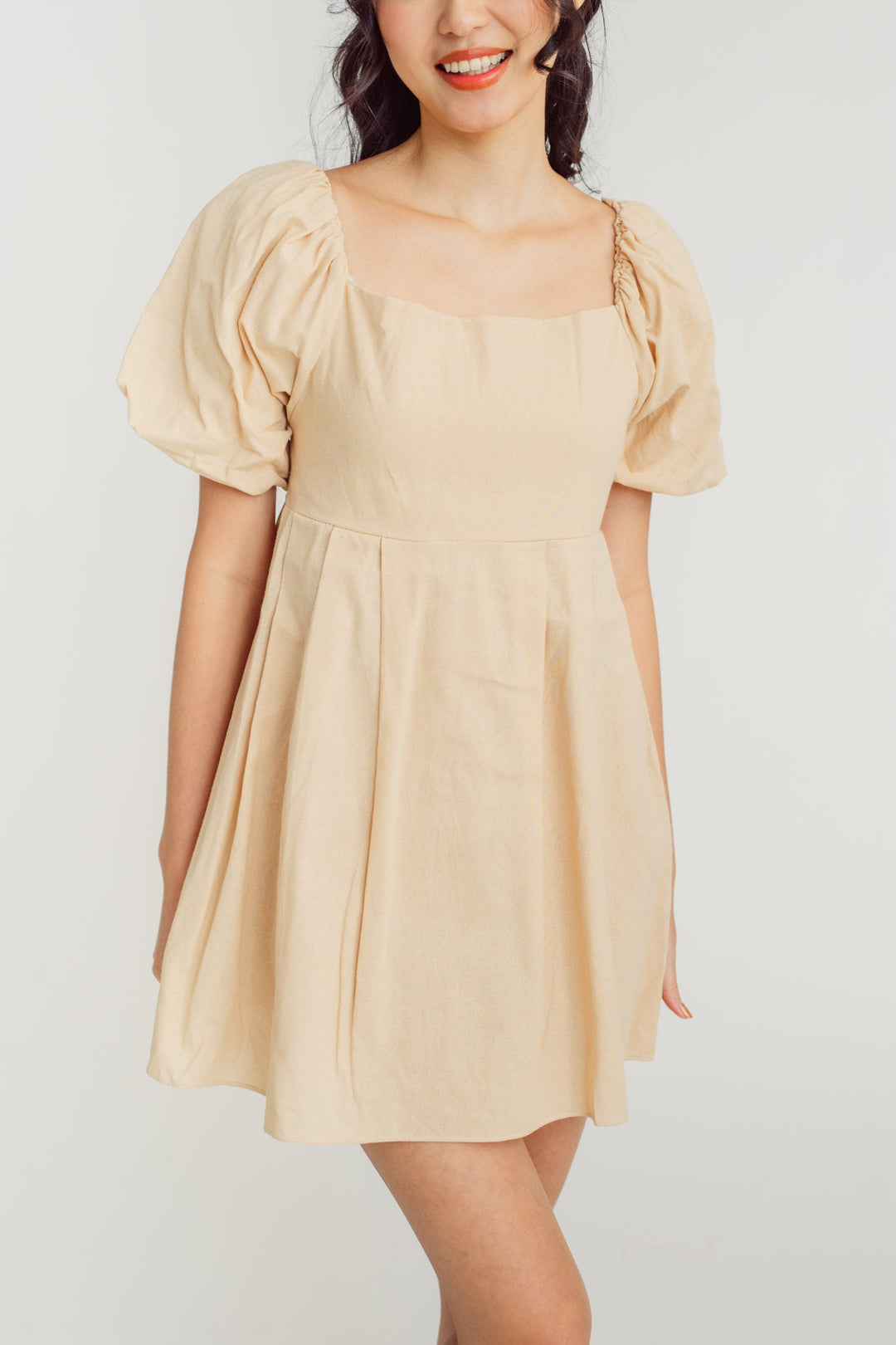 Debby Beige Square Neck Lantern Sleeves Smocked Back Mini Dress