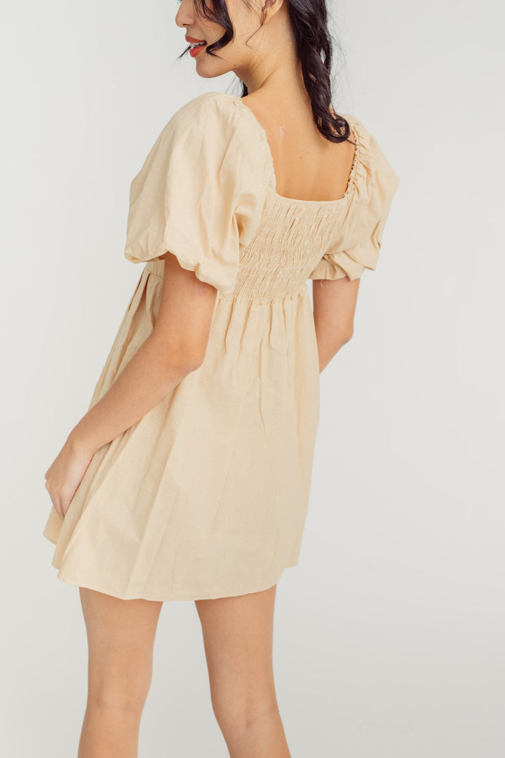 Debby Beige Square Neck Lantern Sleeves Smocked Back Mini Dress