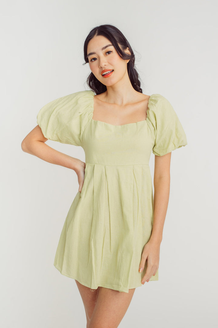 Debby Green Square Neck Lantern Sleeves Smocked Back Mini Dress