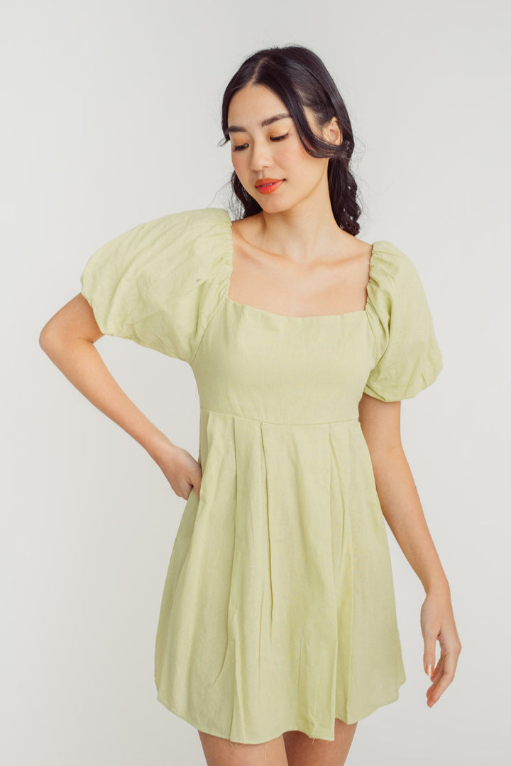Debby Green Square Neck Lantern Sleeves Smocked Back Mini Dress