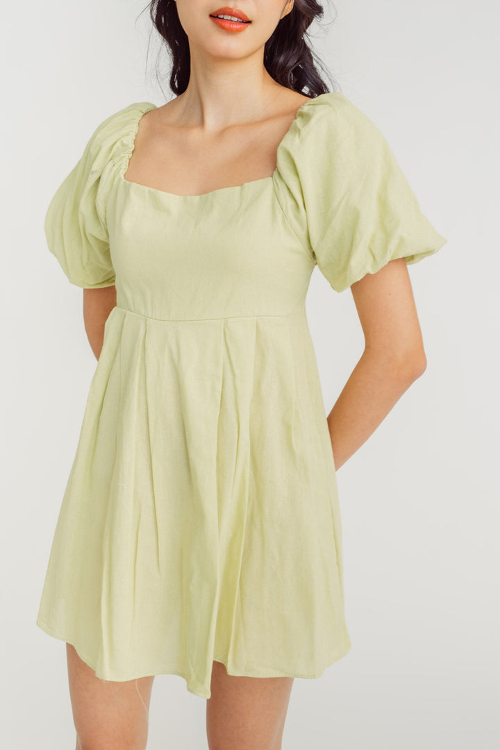 Debby Green Square Neck Lantern Sleeves Smocked Back Mini Dress