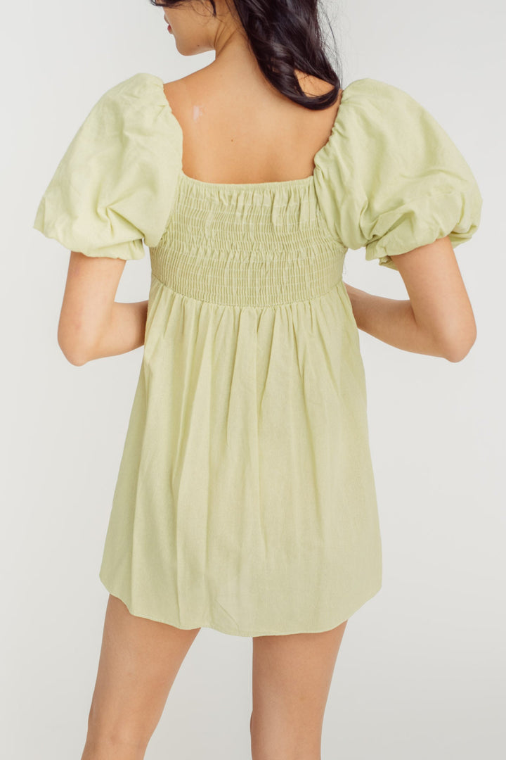 Debby Green Square Neck Lantern Sleeves Smocked Back Mini Dress
