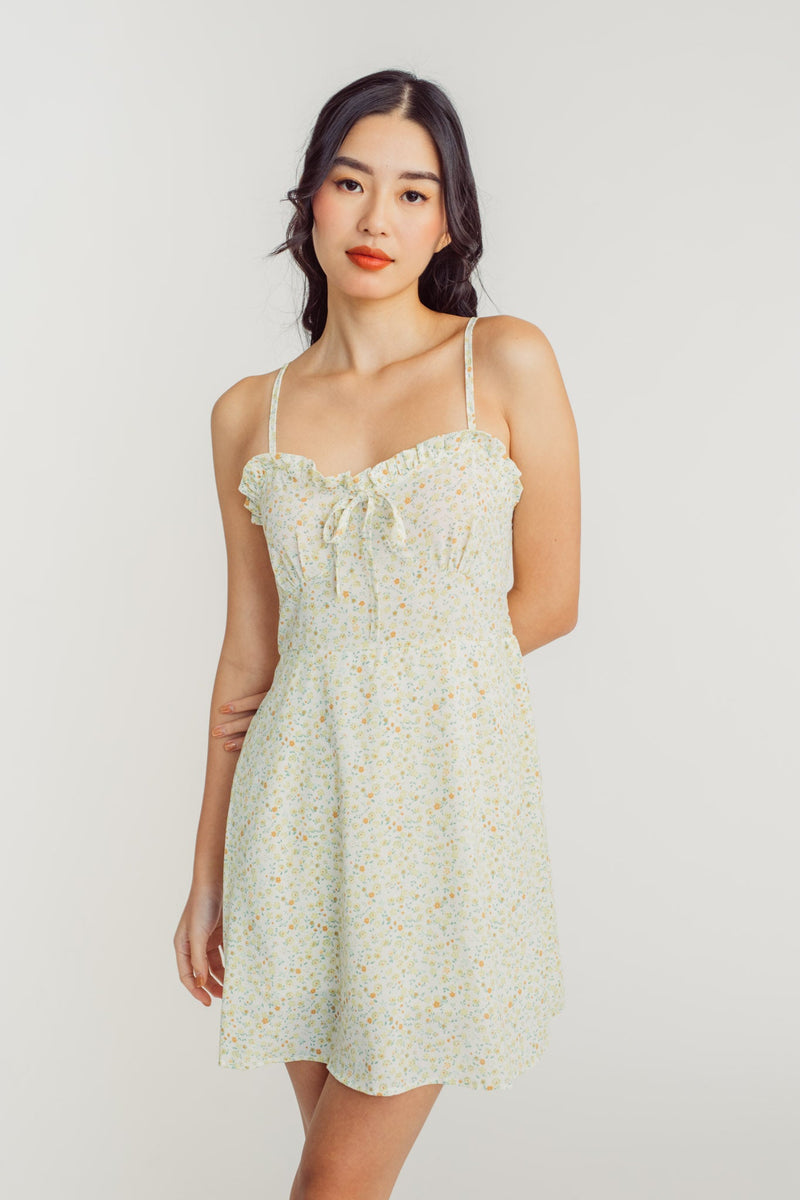 Rikki Green Floral Ruffle Sweetheart Neckline Sleeveless Mini Dress