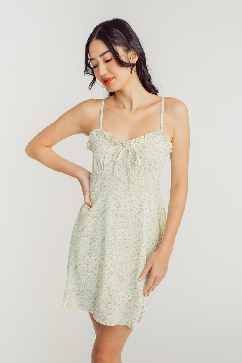 Rikki Green Floral Ruffle Sweetheart Neckline Sleeveless Mini Dress