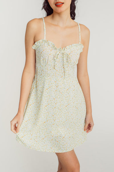 Rikki Green Floral Ruffle Sweetheart Neckline Sleeveless Mini Dress