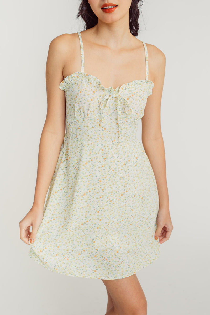 Rikki Green Floral Ruffle Sweetheart Neckline Sleeveless Mini Dress
