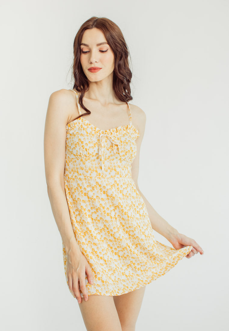Rikki Orange Floral Ruffle Sweetheart Neckline Sleeveless Mini Dress