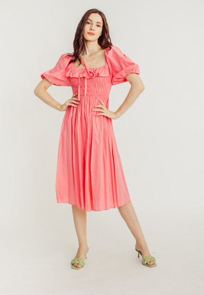 Kristy Pink Ruffle Square Neck Elastic Top Short Sleeves Midi Dress