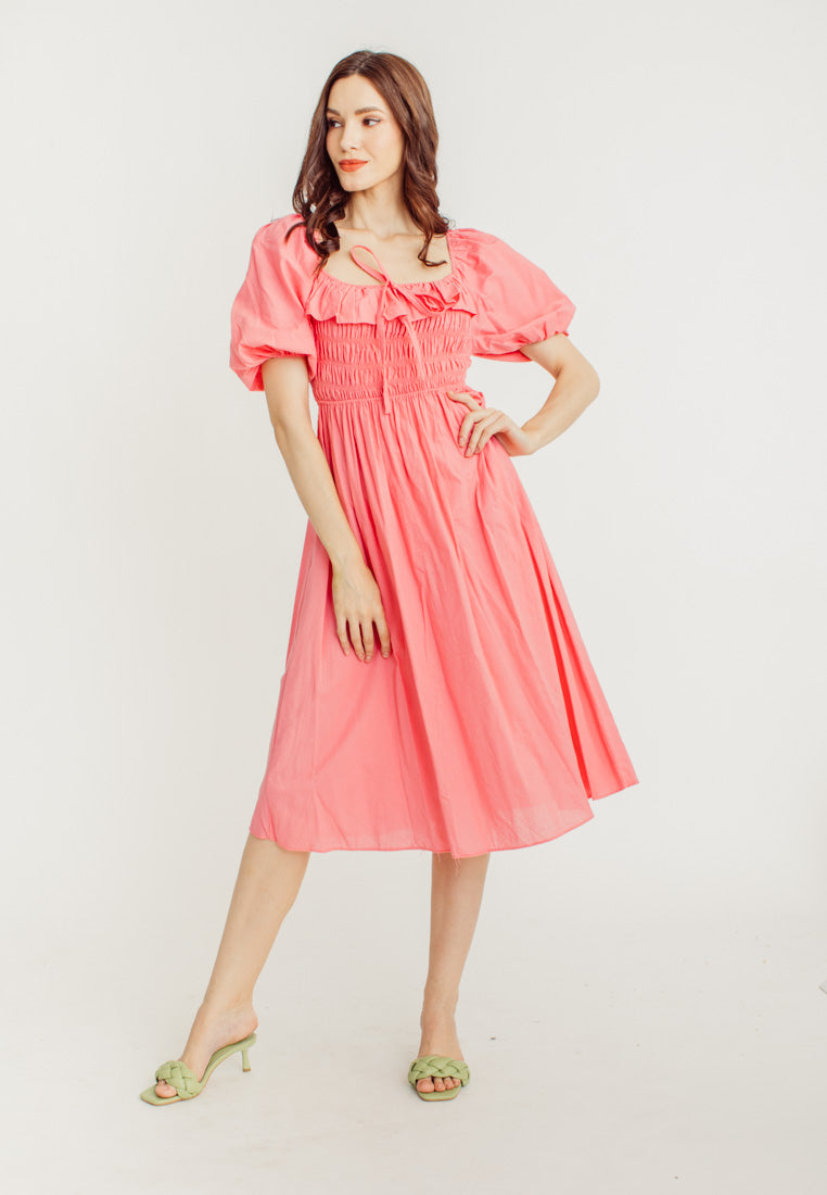 Kristy Pink Ruffle Square Neck Elastic Top Short Sleeves Midi Dress