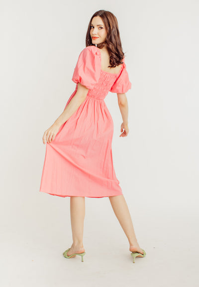 Kristy Pink Ruffle Square Neck Elastic Top Short Sleeves Midi Dress