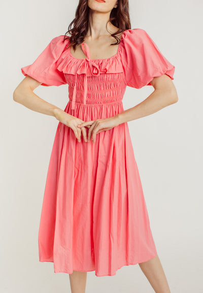 Kristy Pink Ruffle Square Neck Elastic Top Short Sleeves Midi Dress