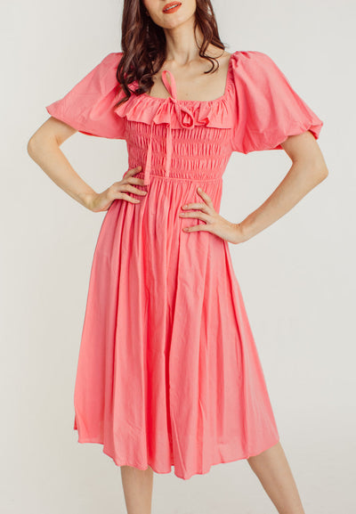 Kristy Pink Ruffle Square Neck Elastic Top Short Sleeves Midi Dress