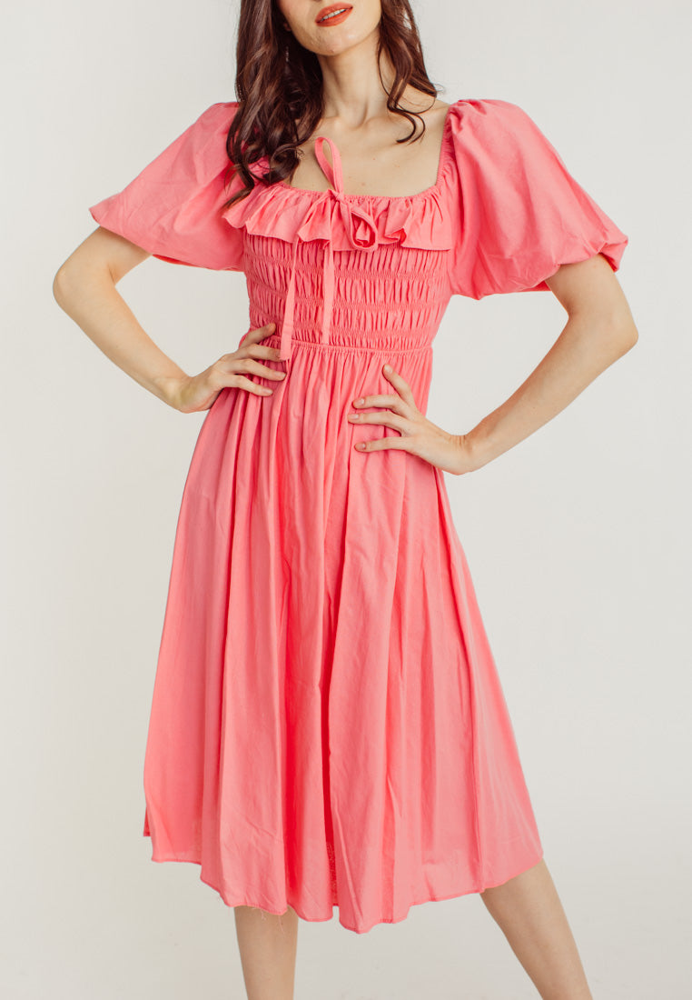 Kristy Pink Ruffle Square Neck Elastic Top Short Sleeves Midi Dress