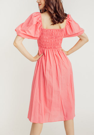 Kristy Pink Ruffle Square Neck Elastic Top Short Sleeves Midi Dress