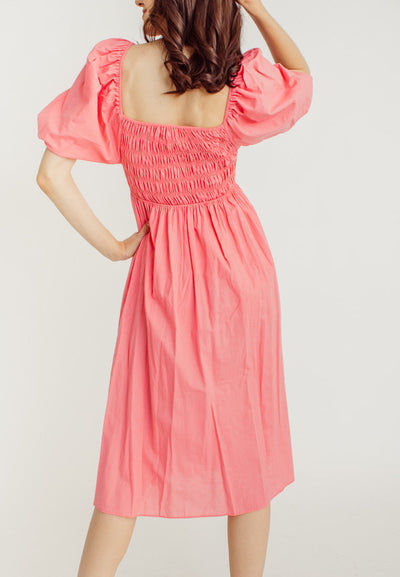 Kristy Pink Ruffle Square Neck Elastic Top Short Sleeves Midi Dress