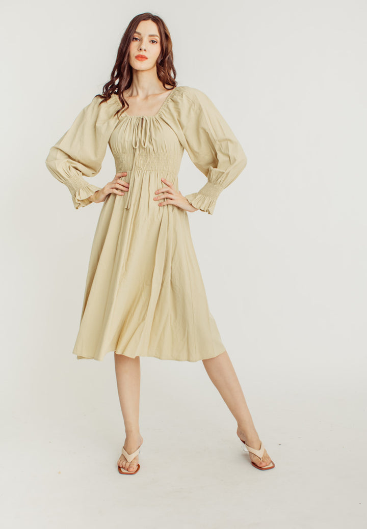 Vanessa Beige Square Neck Tie Bust Long Sleeves Smocked Waist Midi Dress