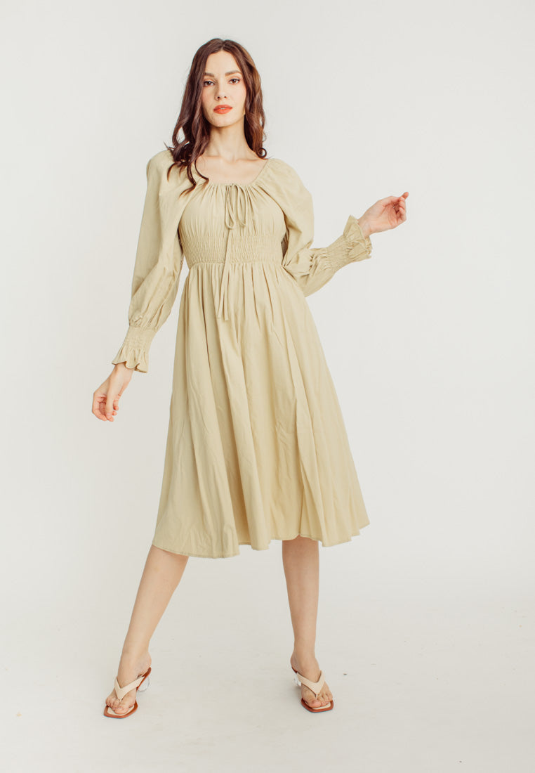 Vanessa Beige Square Neck Tie Bust Long Sleeves Smocked Waist Midi Dress