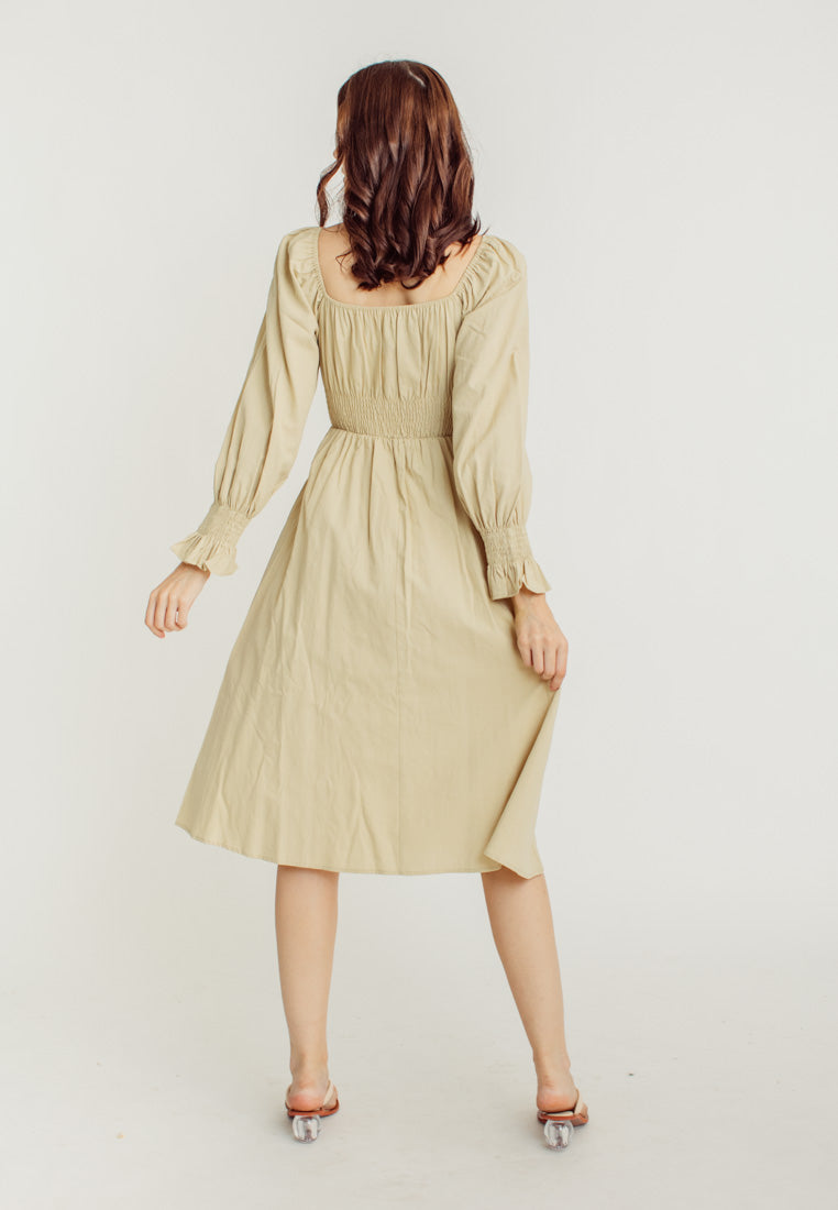 Vanessa Beige Square Neck Tie Bust Long Sleeves Smocked Waist Midi Dress