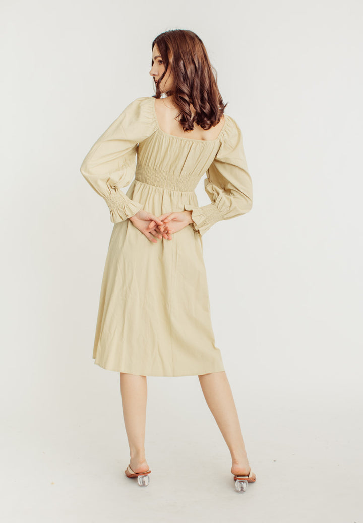 Vanessa Beige Square Neck Tie Bust Long Sleeves Smocked Waist Midi Dress
