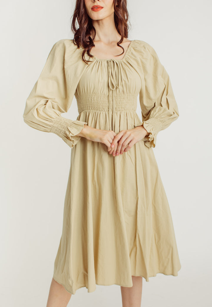 Vanessa Beige Square Neck Tie Bust Long Sleeves Smocked Waist Midi Dress