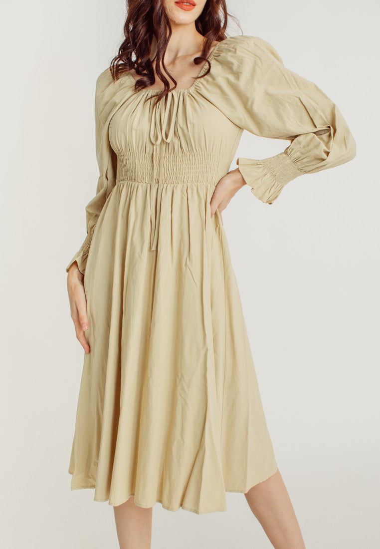 Vanessa Beige Square Neck Tie Bust Long Sleeves Smocked Waist Midi Dress